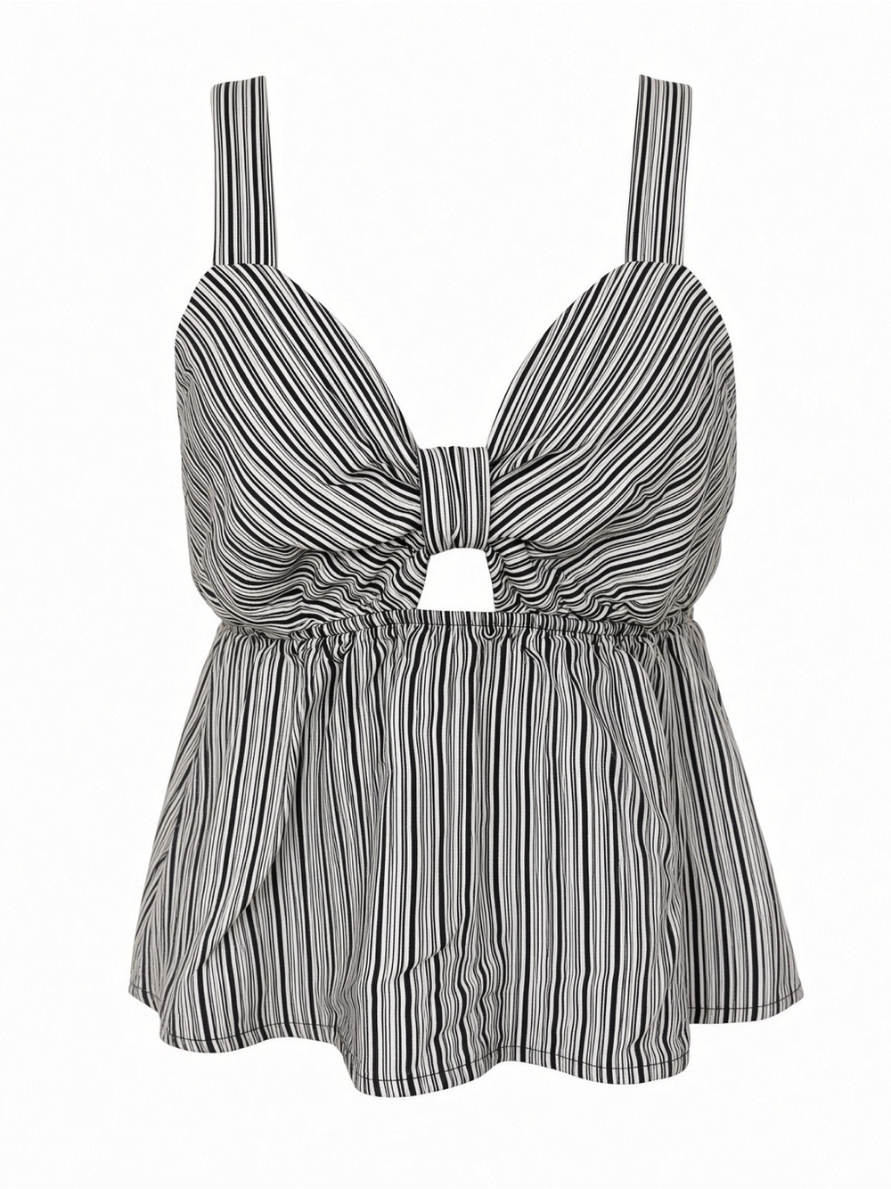 Monteau Los Angeles Black White Stripe Keyhole Peplum Tank Smocked Back Size M
